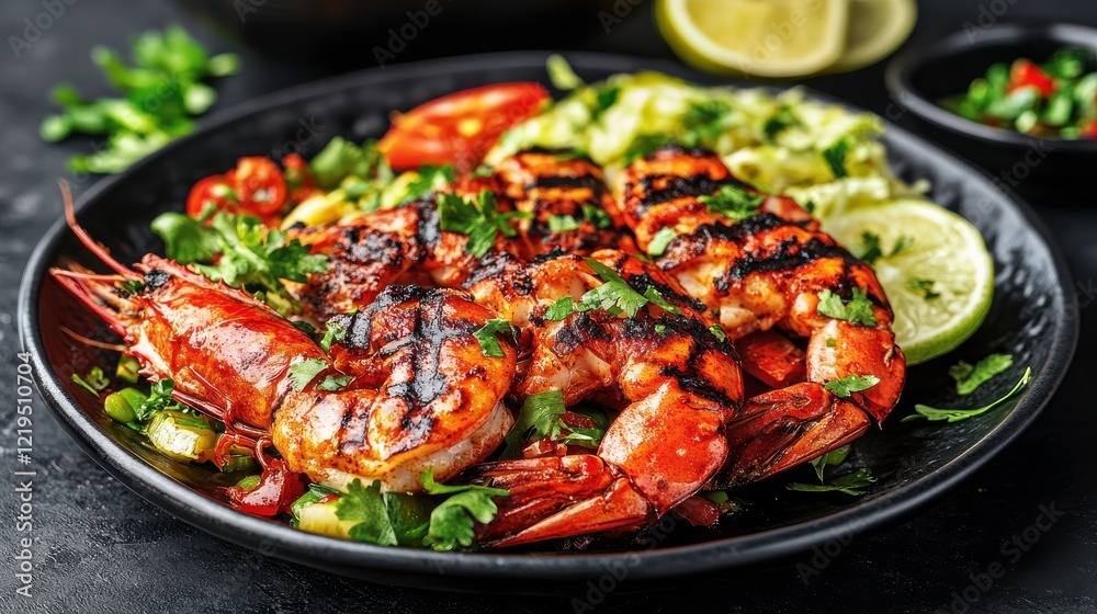 Vibrant Seafood Dishes with Grilled Shrimp and Garnish Vibrant Seafood Dishes with Grilled Shrimp and Garnish