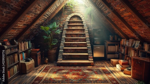 Sunlit Attic Staircase, Bookshelves, Plants photo