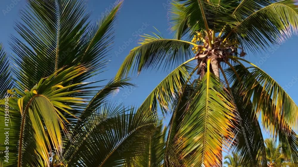 Palm trees under clear blue sky with vibrant green leaves, nature and tropical paradise concept Palm trees under clear blue sky with vibrant green leaves, nature and tropical paradise concept