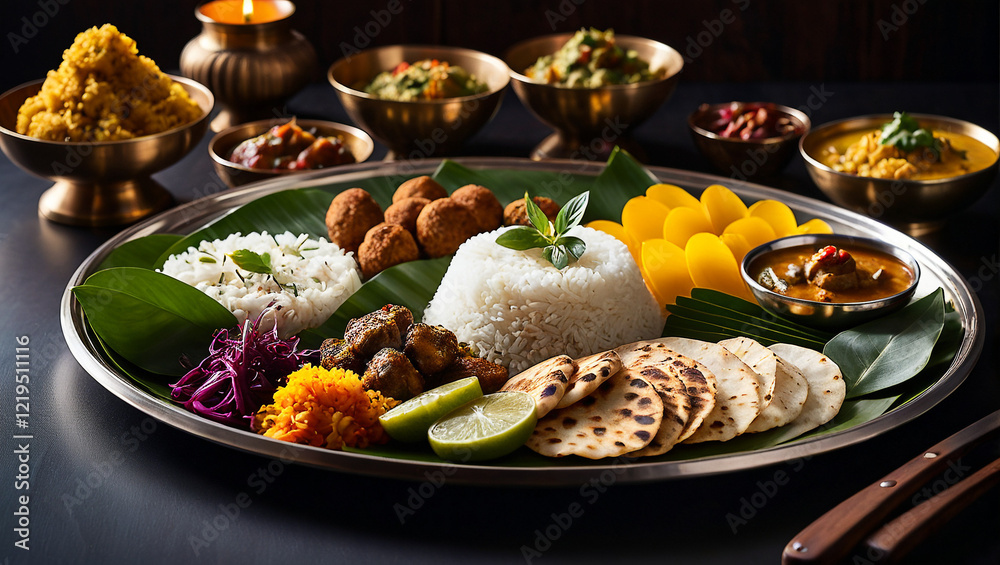 Traditional Indian thali with a variety of dishes served on a banana leaf Traditional Indian thali with a variety of dishes served on a banana leaf