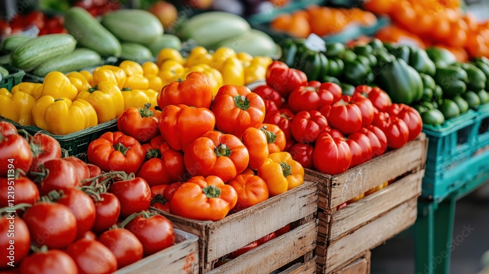 A vibrant display of fresh peppers and tomatoes at a market, showcasing a variety of colors and produce in wooden crates. A vibrant display of fresh peppers and tomatoes at a market, showcasing a variety of colors and produce in wooden crates.