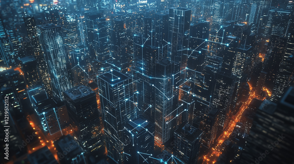 Fototapeta premium Smart digital Innovation city with connection network reciprocity over the twilight cityscape. of future smart wireless digital city and social media networking systems that connects people with city 