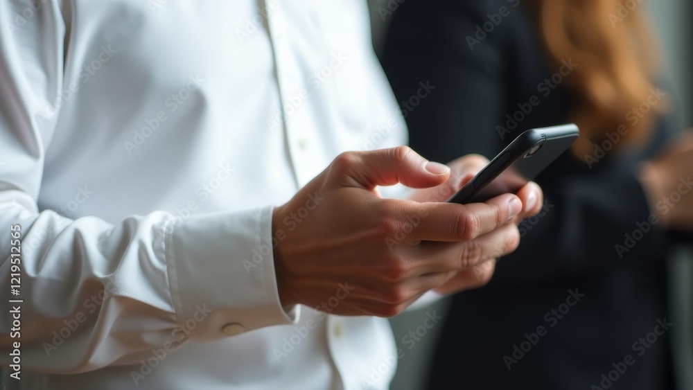man in white shirt typing message on smartphone, man hands with phone, standing indoors near window with soft natural light, communication, technology, and business. man in white shirt typing message on smartphone, man hands with phone, standing indoors near window with soft natural light, communication, technology, and business.