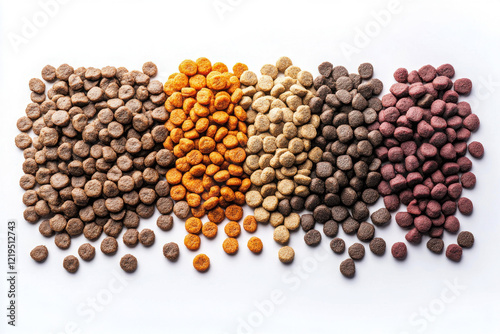 Various types of pet food pellets arranged in colorful piles on a clean surface showcasing their diverse textures and colors photo