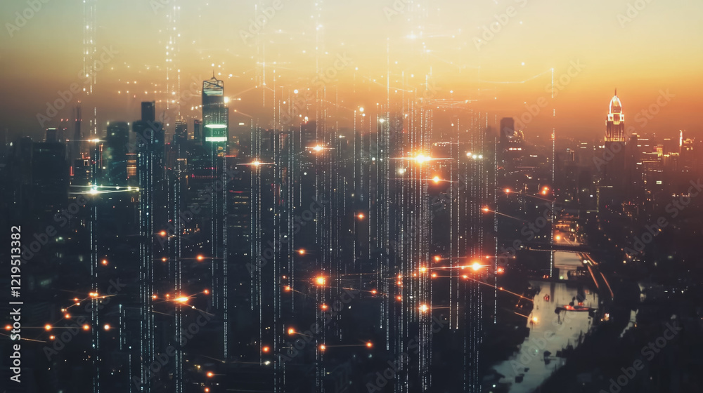 Fototapeta premium Smart digital Innovation city with connection network reciprocity over the twilight cityscape. of future smart wireless digital city and social media networking systems that connects people with city 