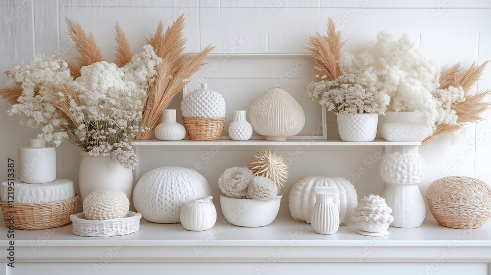 White Decor Shelf With Pampas Grass And Ceramic Vases White Decor Shelf With Pampas Grass And Ceramic Vases