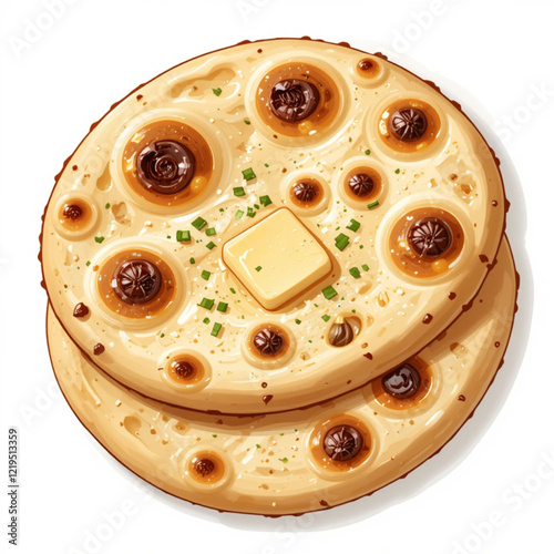 Indian naan bread with garlic and butter isolated on a  white background. Vector illustration.