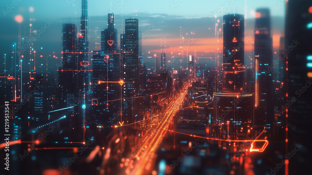 Fototapeta premium Smart digital Innovation city with connection network reciprocity over the twilight cityscape. of future smart wireless digital city and social media networking systems that connects people with city 