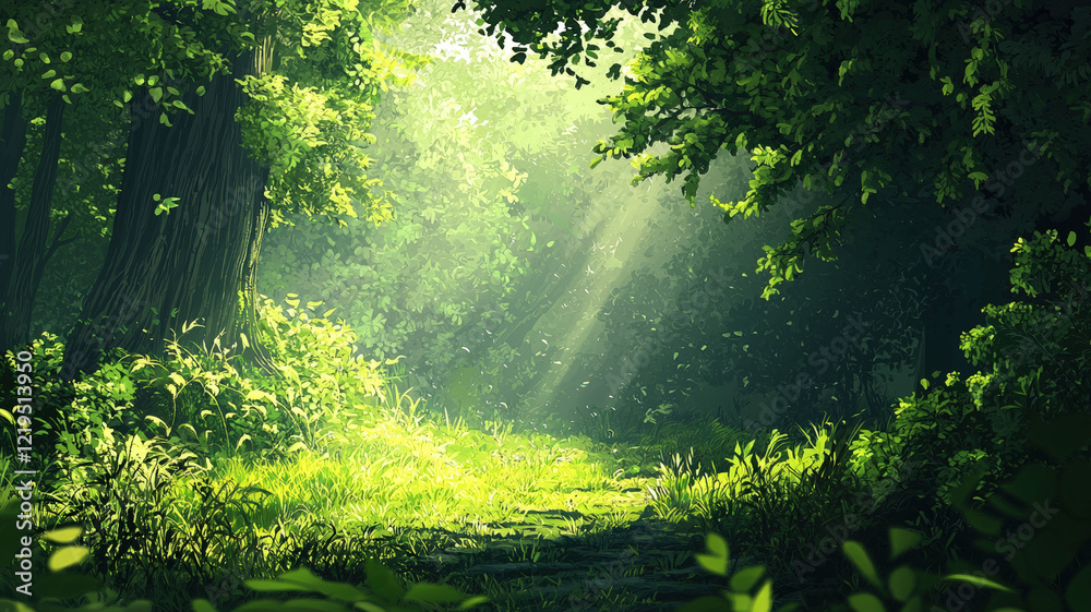 Obraz premium Sunlit Forest with Dense Green Foliage and Tranquil Path Illuminated by Radiant Sunbeams.