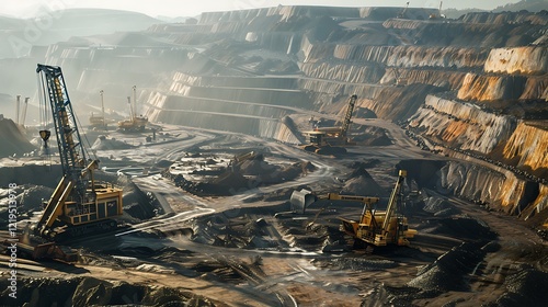 A vast mining site with automated drilling rigs extracting raw materials