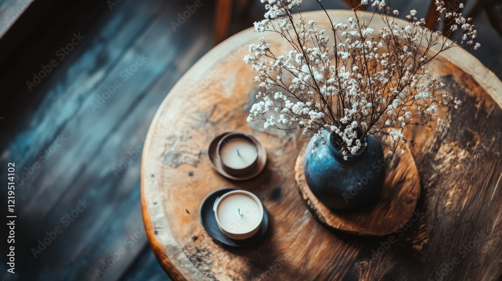 Rustic wooden table with pottery and candles