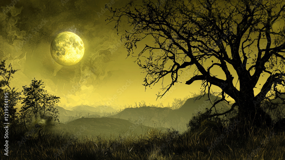 Mystical moonlit landscape with silhouetted tree and distant mountains Mystical moonlit landscape with silhouetted tree and distant mountains