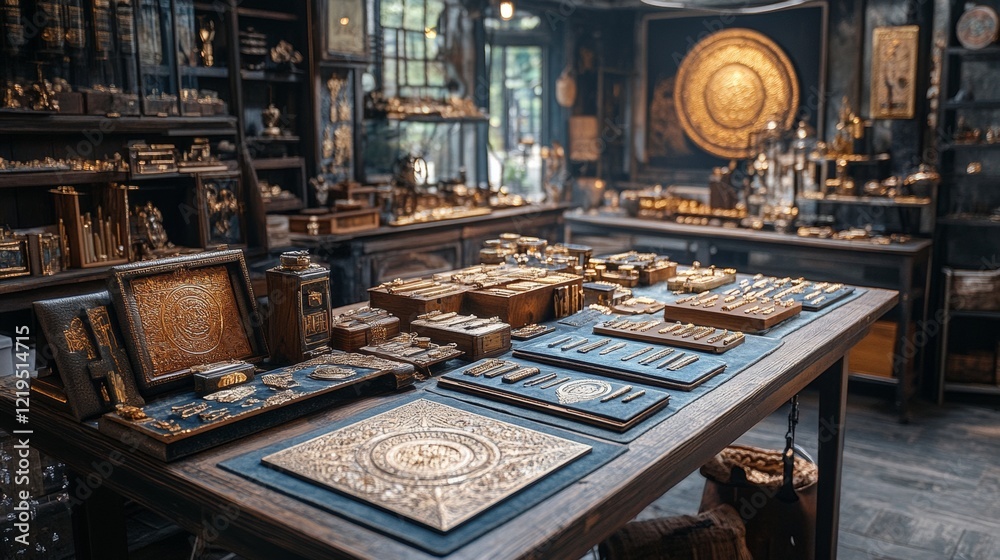 Rustic market table with artisan crafts and cultural decor