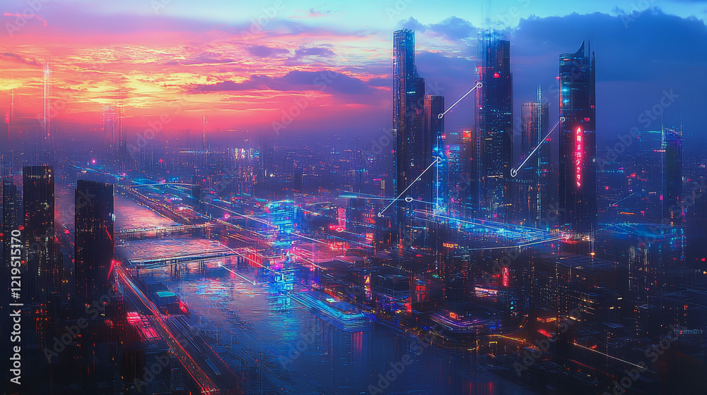 Fototapeta premium Smart digital Innovation city with connection network reciprocity over the twilight cityscape. of future smart wireless digital city and social media networking systems that connects people with city