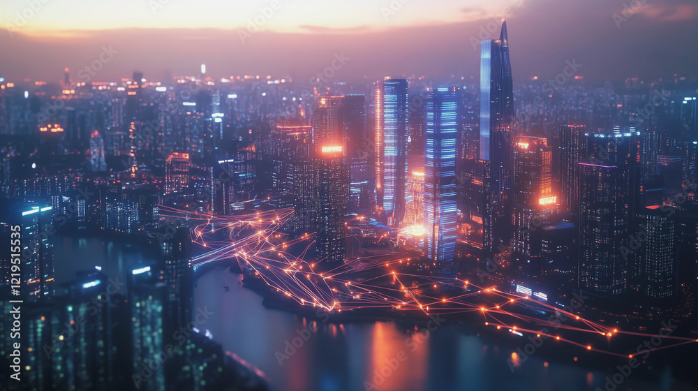 Fototapeta premium Smart digital Innovation city with connection network reciprocity over the twilight cityscape. of future smart wireless digital city and social media networking systems that connects people with city 