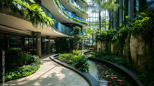 Modern Green Tower with Serene Indoor Garden and Koi Pond photo