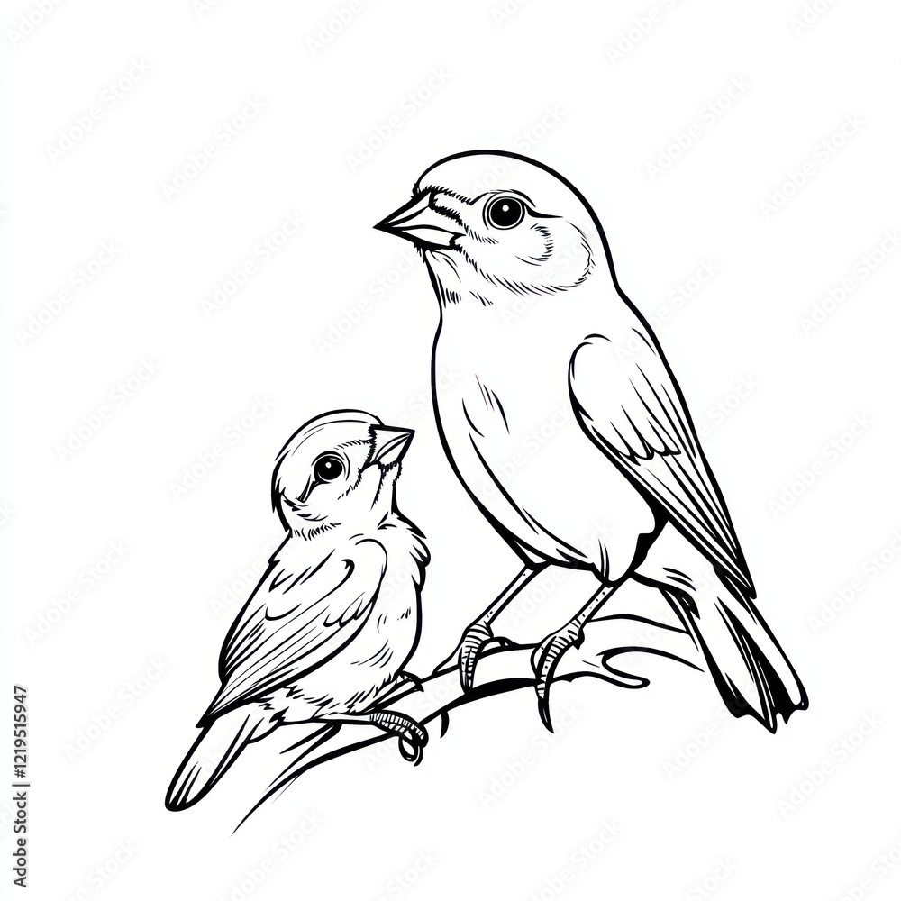 Obraz premium Adult and baby bird on branch, nature illustration, white background, children's book