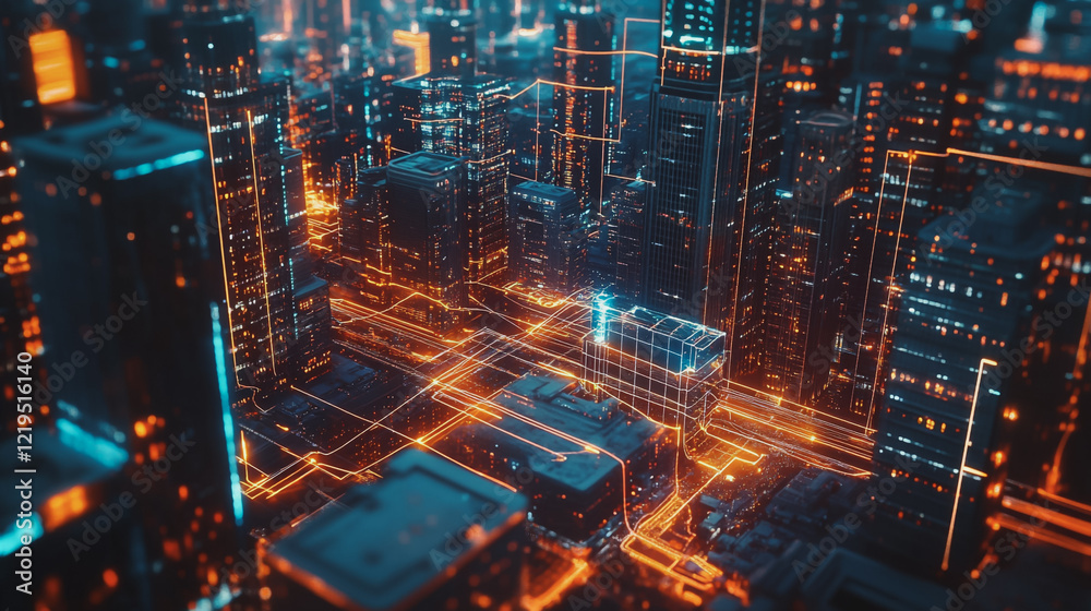 Obraz premium Smart digital Innovation city with connection network reciprocity over the twilight cityscape. of future smart wireless digital city and social media networking systems that connects people with city 