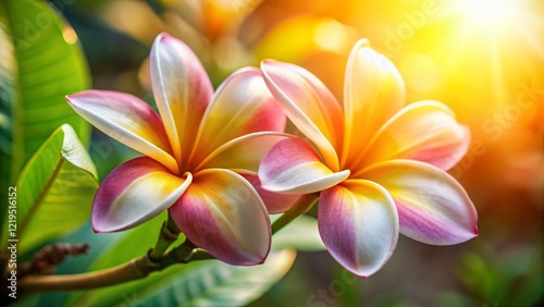 Sunny Day Plumeria Flowers: Vibrant Pink, Yellow & White Frangipani Blossoms in Natural Setting