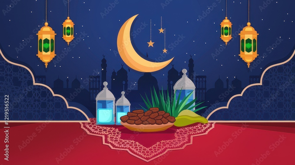 Ramadan Night Scene with Dates and Lanterns Ramadan Night Scene with Dates and Lanterns
