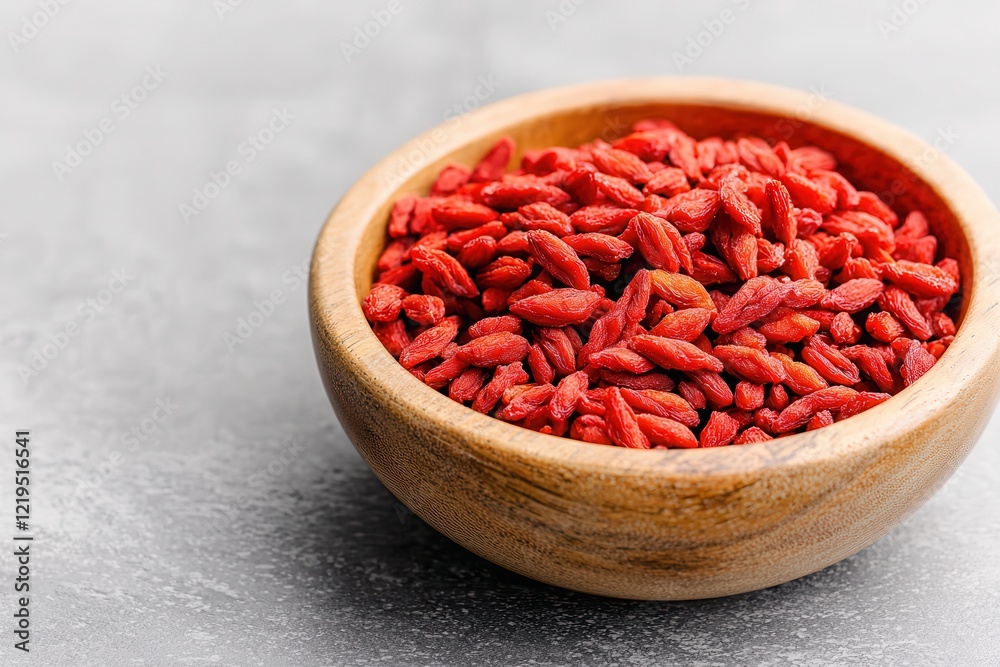Natural goji berry snack. Dried goji berries in a wooden bowl on a textured surface. Natural goji berry snack. Dried goji berries in a wooden bowl on a textured surface.