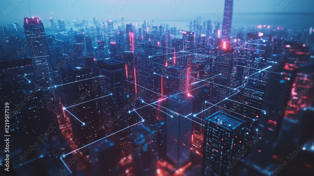 Fototapeta premium Smart digital Innovation city with connection network reciprocity over the twilight cityscape. of future smart wireless digital city and social media networking systems that connects people with city 