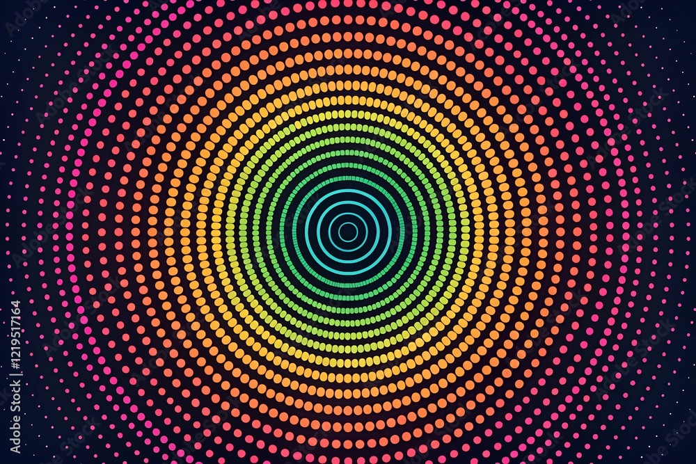 Hypnotic abstract design with concentric circles in colorful halftone patterns, inspired by sound waves Hypnotic abstract design with concentric circles in colorful halftone patterns, inspired by sound waves
