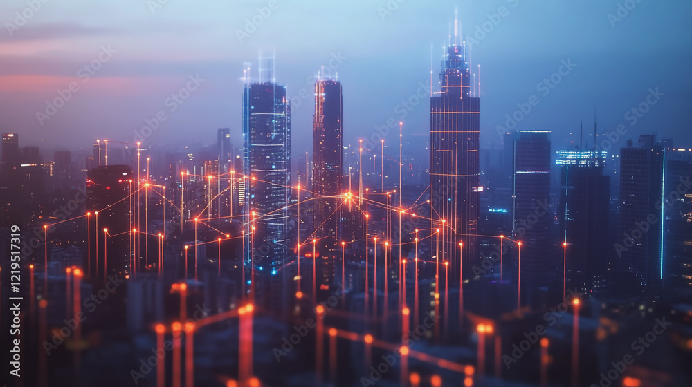 Fototapeta premium Smart digital Innovation city with connection network reciprocity over the twilight cityscape. of future smart wireless digital city and social media networking systems that connects people with city 