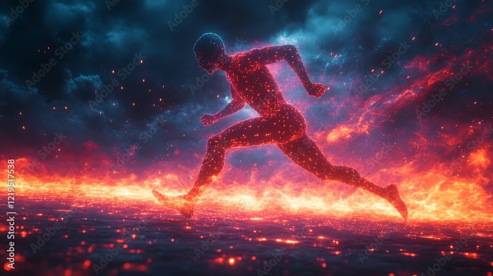 A surreal artwork of a runner breaking through glowing barriers A surreal artwork of a runner breaking through glowing barriers