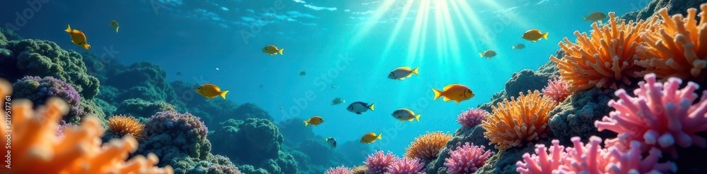 Fototapeta premium Sun-drenched, clear water reveals vibrant coral Fish swim amongst the colorful reef , tropical sea, underwater photography
