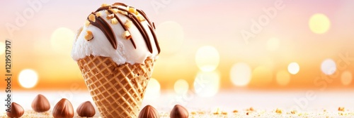 Delicious Hazelnut Chocolate Ice Cream Cone - Creamy vanilla ice cream, drizzled with rich chocolate, topped with crunchy hazelnuts. A perfect summer treat, symbolizing happiness, indulgence, sweetnes photo