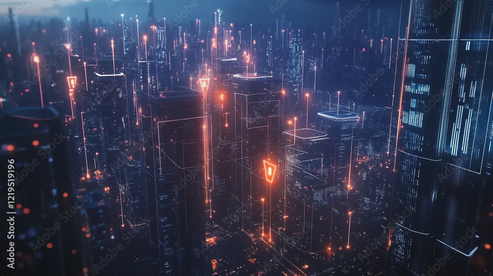 Obraz premium Smart digital Innovation city with connection network reciprocity over the twilight cityscape. of future smart wireless digital city and social media networking systems that connects people with city 