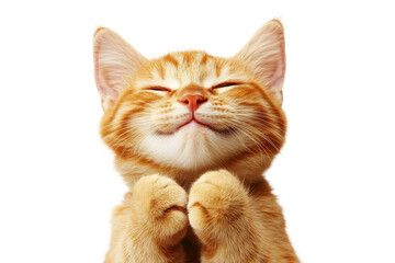 Adorable ginger little cat with closed eyes and paws raised in joyful pose isolated on transparent background.