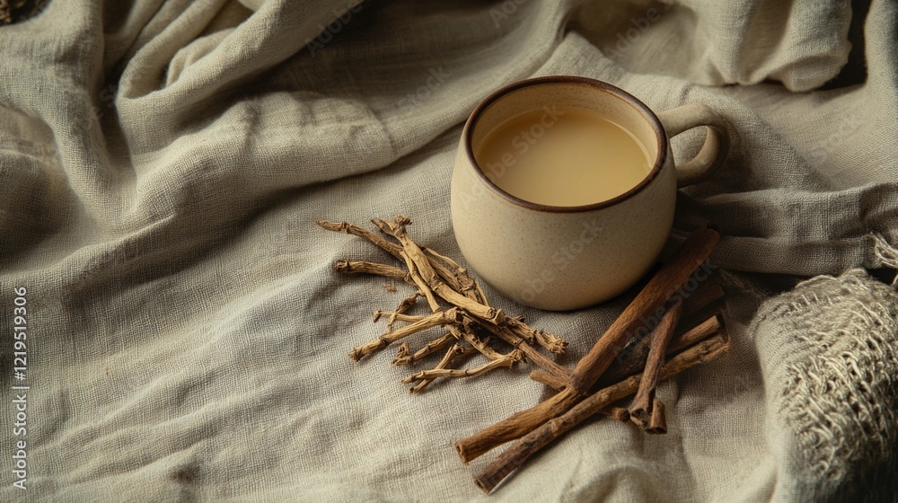 cozy tea cup filled with ashwagandha herbal tea, surrounded by dried roots and cinnamon sticks on a linen cloth