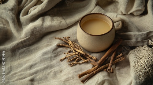 cozy tea cup filled with ashwagandha herbal tea, surrounded by dried roots and cinnamon sticks on a linen cloth