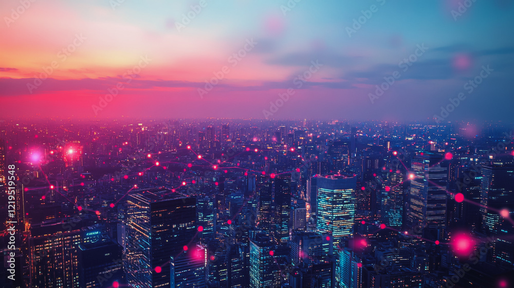 Fototapeta premium Smart digital Innovation city with connection network reciprocity over the twilight cityscape. of future smart wireless digital city and social media networking systems that connects people with city 
