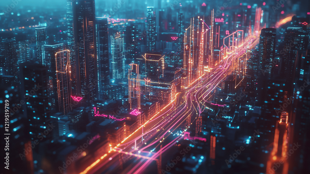 Obraz premium Smart digital Innovation city with connection network reciprocity over the twilight cityscape. of future smart wireless digital city and social media networking systems that connects people with city 