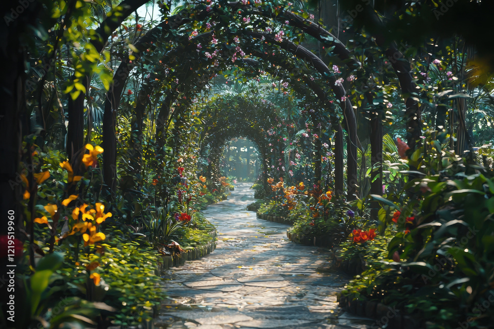 Fototapeta premium A lush garden pathway surrounded by vibrant flowers and greenery under an archway.