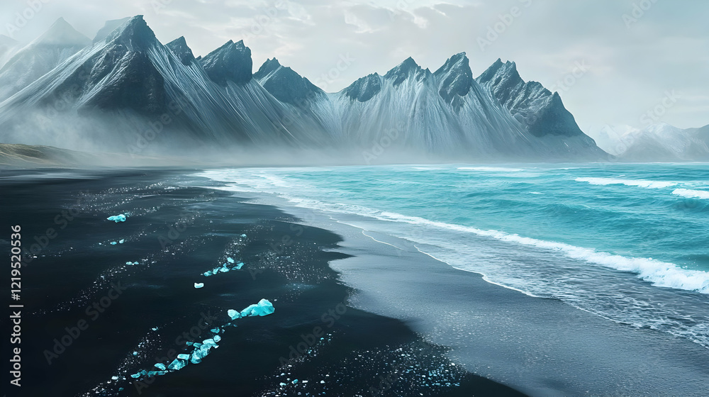 Fototapeta premium Majestic Mountains and Black Sand Beach: An Icelandic Coastal Paradise