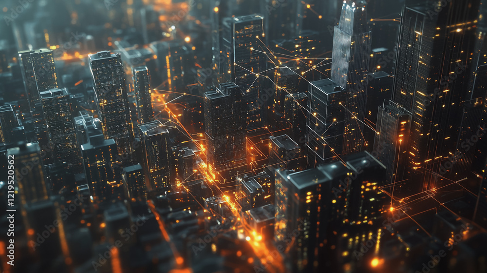 Fototapeta premium Smart digital Innovation city with connection network reciprocity over the twilight cityscape. of future smart wireless digital city and social media networking systems that connects people with city 