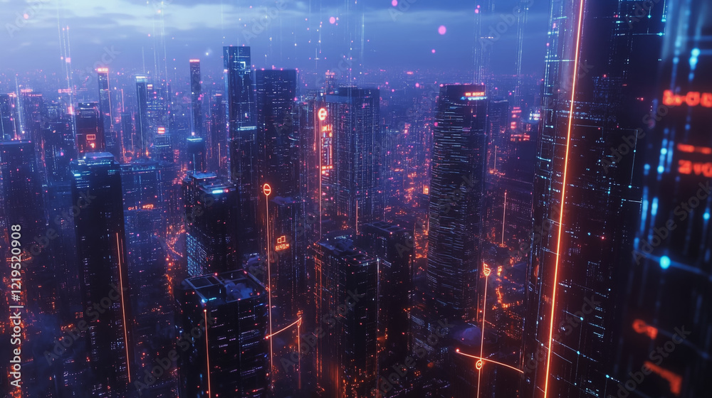 custom made wallpaper toronto digitalSmart digital Innovation city with connection network reciprocity over the twilight cityscape. of future smart wireless digital city and social media networking systems that connects people with city
