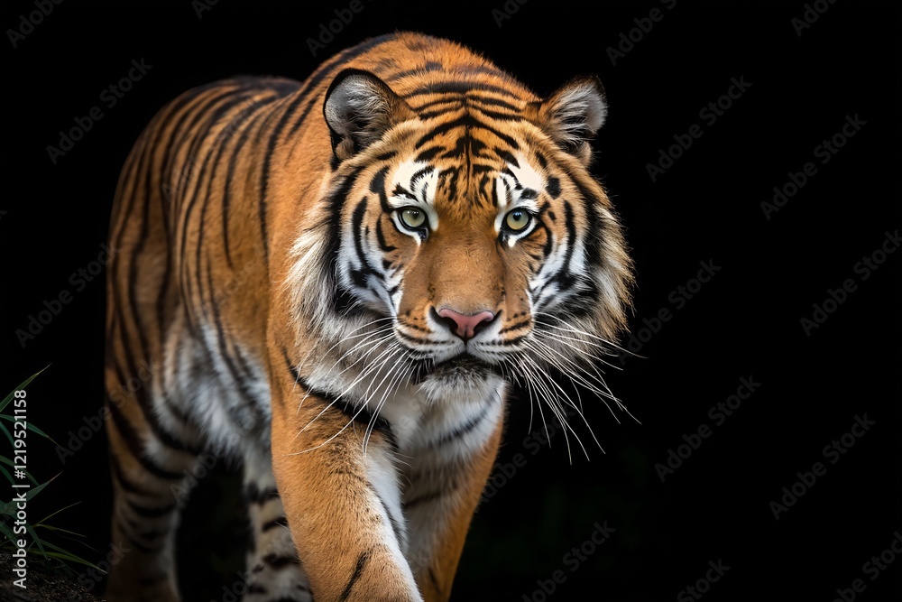 Obraz premium A powerful tiger with piercing eyes steps forward against a solid black background. The close-up captures its intense gaze, sleek stripes, and the raw beauty of this apex predator.