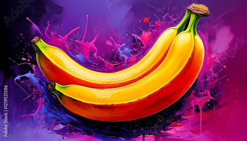 Two vibrant bananas, one yellow and one purple, are depicted against a dark background with splashes of color.