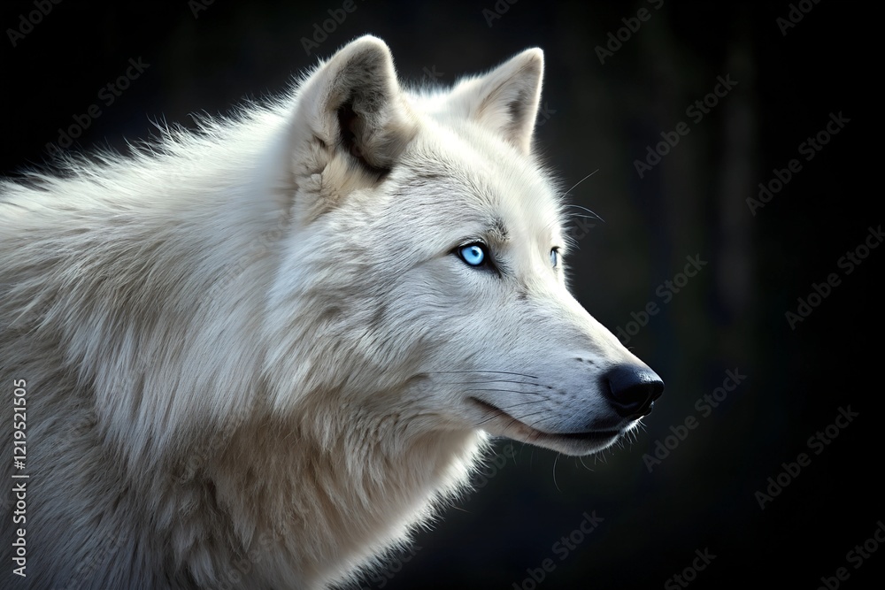 A captivating portrait of a white wolf with striking blue eyes, illuminated softly against a dark background. The image captures the wolf’s elegance, strength, and untamed spirit. A captivating portrait of a white wolf with striking blue eyes, illuminated softly against a dark background. The image captures the wolf’s elegance, strength, and untamed spirit.