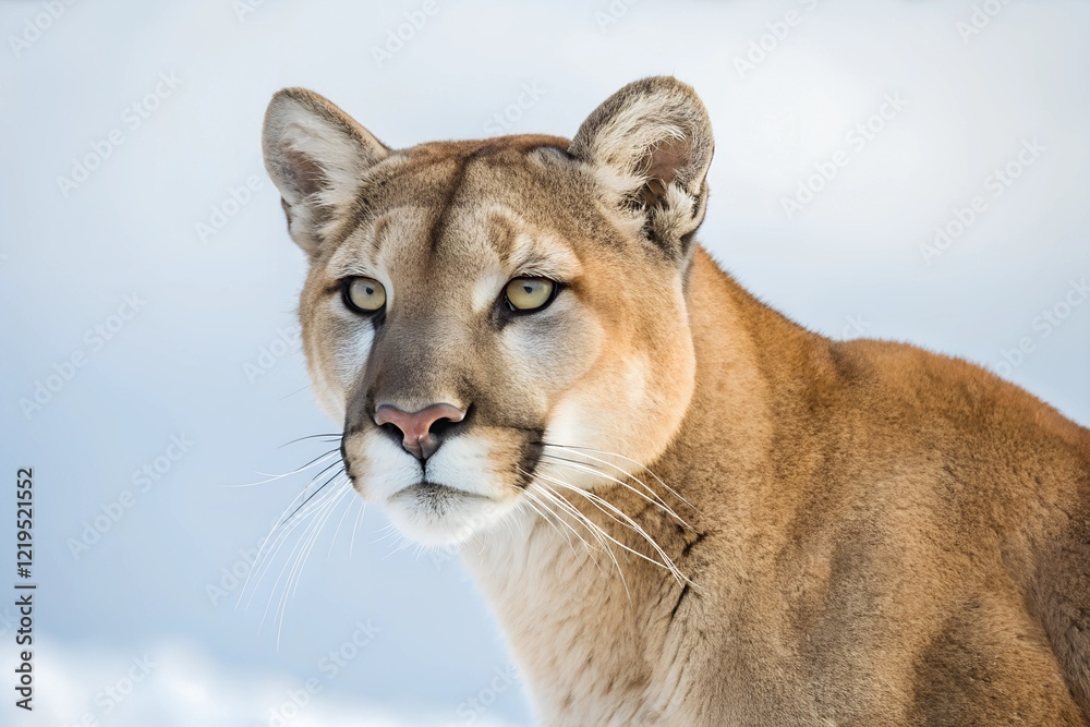 Obraz premium A stunning portrait of a puma with piercing yellow eyes, captured against a soft, light background. The image highlights the feline's sleek fur and intense gaze, showcasing its majestic beauty.