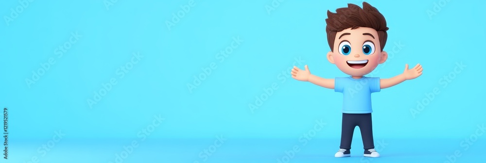 Happy Boy Cartoon Character - A cheerful 3D cartoon boy with open arms against a light blue background. Ideal for children's products, websites, or presentations. Happy Boy Cartoon Character - A cheerful 3D cartoon boy with open arms against a light blue background. Ideal for children's products, websites, or presentations.