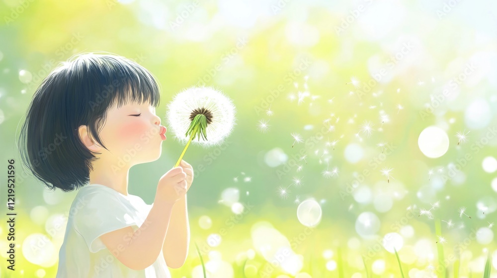 Child blowing dandelion seeds in sunny meadow for nature serenity theme Child blowing dandelion seeds in sunny meadow for nature serenity theme