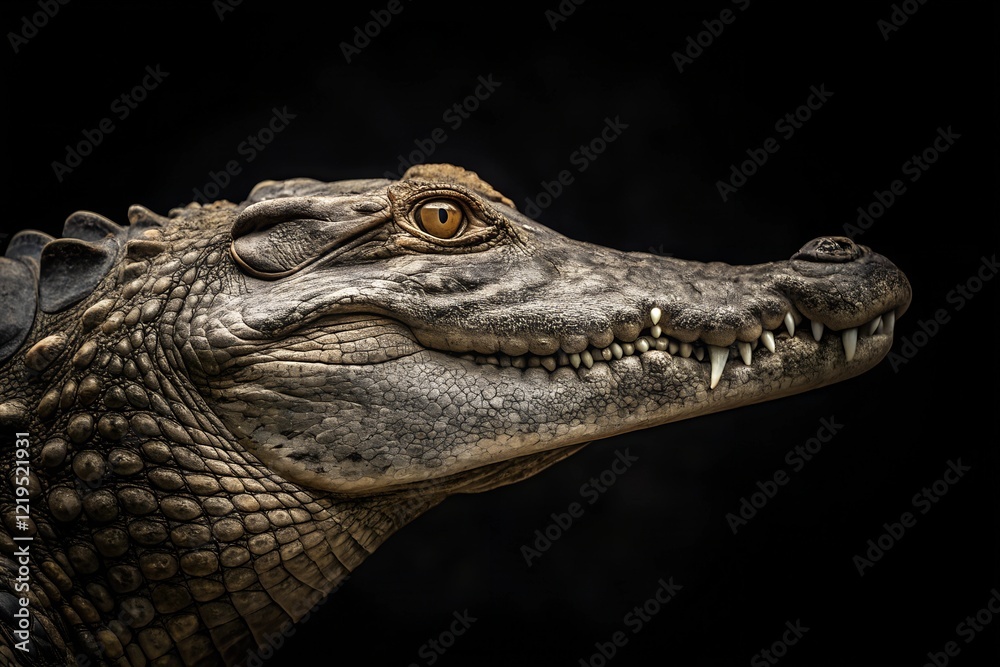 Fototapeta premium Dramatic side profile of a crocodile with detailed scales and sharp teeth, set against a dark black background. A striking representation of this ancient predator's strength and power.