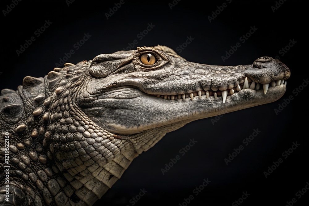 Fototapeta premium Side profile of a crocodile with textured scales and sharp teeth, set against a dark background. A powerful and detailed representation of this ancient and iconic predator.