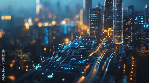 Smart digital Innovation city with connection network reciprocity over the twilight cityscape. of future smart wireless digital city and social media networking systems that connects people with city
